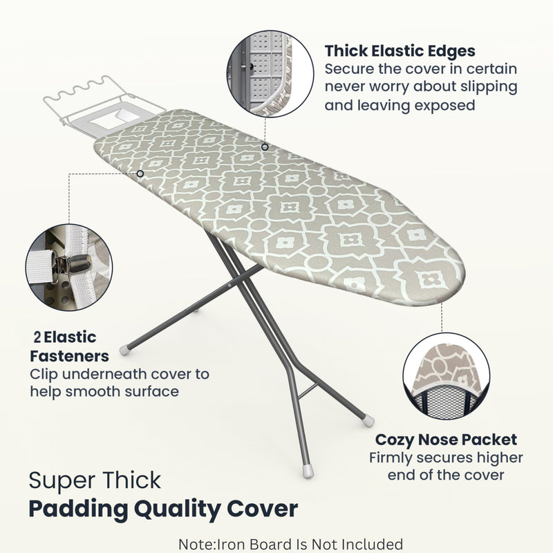 Ironing Board Cover and Pad 15X54“ - Extra Thick Natural Cotton, Scorch & Stain-Resistant Padding, Standard Size Iron Board Cover with Metal Fasteners Heavy Duty Elastic Edge, Heatproof Gray Geometry 15X54“