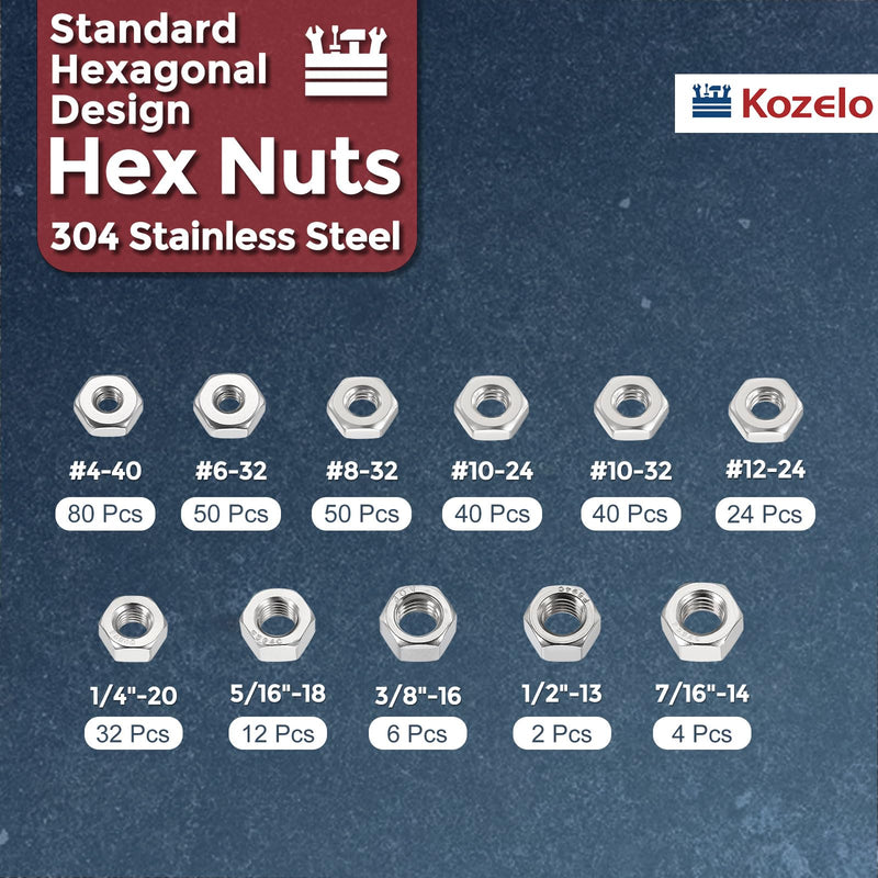 340pcs Hex Nuts Assortment Kit - [#4#6#8#10-24#10-32#12 1/4" 5/16" 3/8" 1/2" 7/16"] 304 Stainless Steel 18-8 (A2-70) Hardware Nuts for Mechanical Repair & Assembly, Silver 1/4",5/16",3/8",7/16",1/2",#4#6#8#10 340
