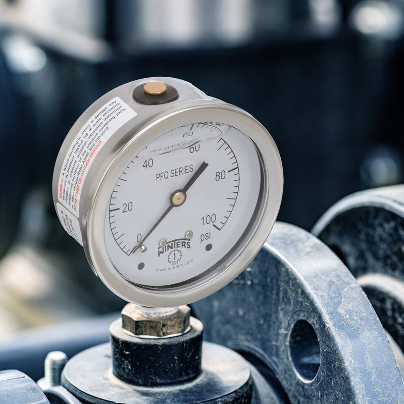 Winters 2-1/2" Dial Size, Liquid Filled Industrial Pressure Gauge, Brass Internals, 304 Stainless Steel Case, Single Scale 0-100 psi, 1.5% Acc, 1/4" NPT Bottom Mount, Glycerin Filled Pressure Gauge 0/100 PSI
