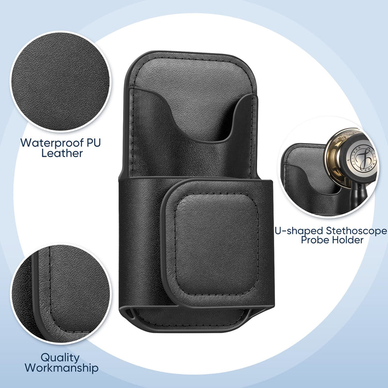 Stethoscope Holder Clip, PU Leather Stethoscope Hip Holder Lightweight Portable Holster for Physicians, Nurses, EMT, Medical Nursing Students, for 3M Littmann & Most Stethoscope, Black