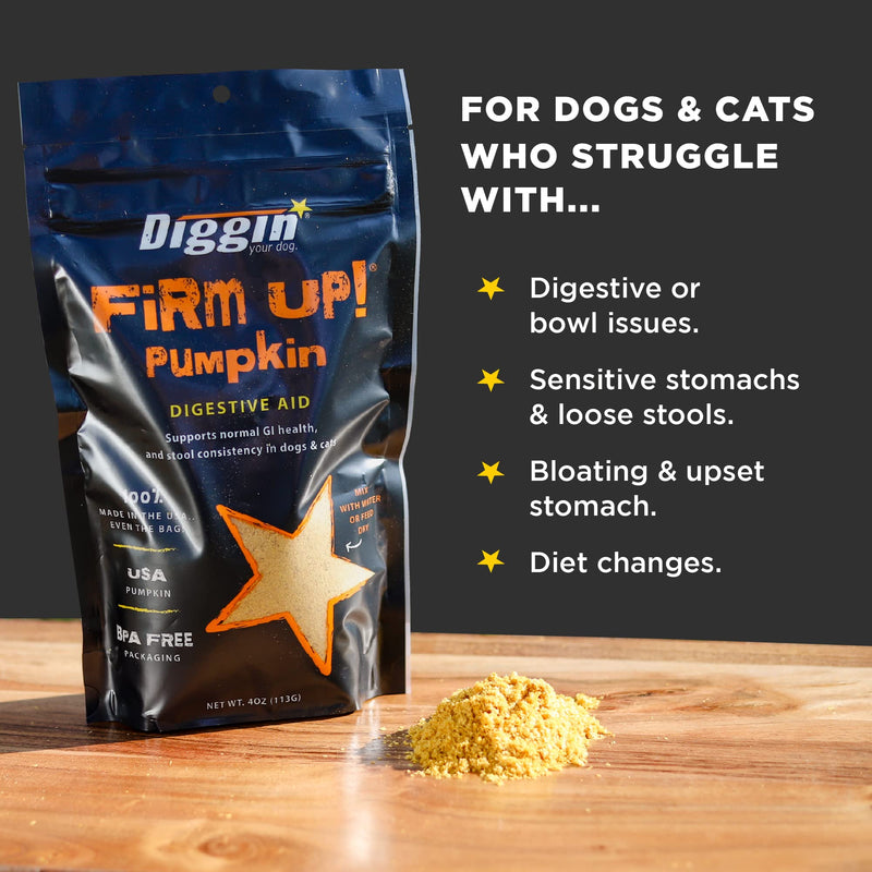 Diggin’ Your Dog Firm Up Pumpkin for Dogs & Cats, 100% Made in USA, Pumpkin Powder for Dogs, Digestive Support, Apple Pectin, Fiber, Healthy Stool, 4 oz 4 oz (Pack of 1) - PawsPlanet Australia