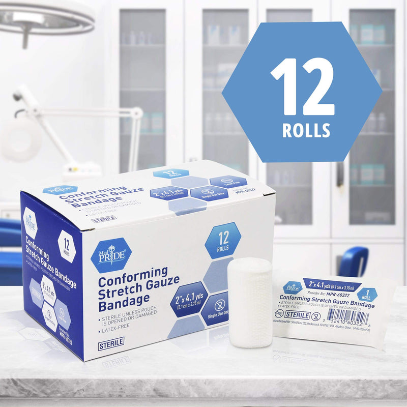 MED PRIDE Conforming Stretch Gauze Bandages 12 Rolls 2'' x 4.1 Yards | Sterile Latex Free First Aid Pads | Wound Care Rolled Dressing Wrap | Medical Non-Adherent Mesh Bandages 2x147.6 Inch (Pack of 12)