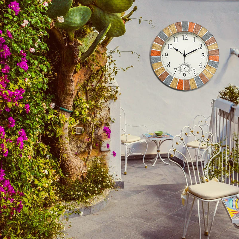 UMEXUS Indoor Outdoor Clock and Thermometer, 13 Inch Large Waterproof Weatherproof Wall Clocks, Retro Silent Non-Ticking Battery Operated Decor for Garden Kitchen Bathroom Sandstone Yellow