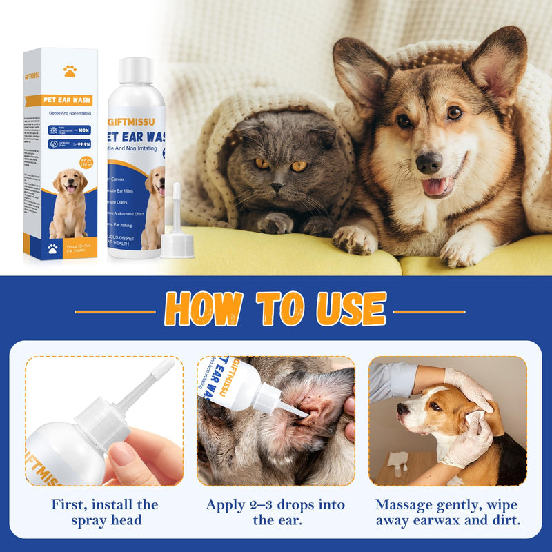 4 fl oz Dog Ear Cleaner Solution, Gentle Ear Wash for Dogs and Cats, Pet Ear Cleaner for Routine Ear Cleaning and Care, Ideal for Regular Pet Grooming Use