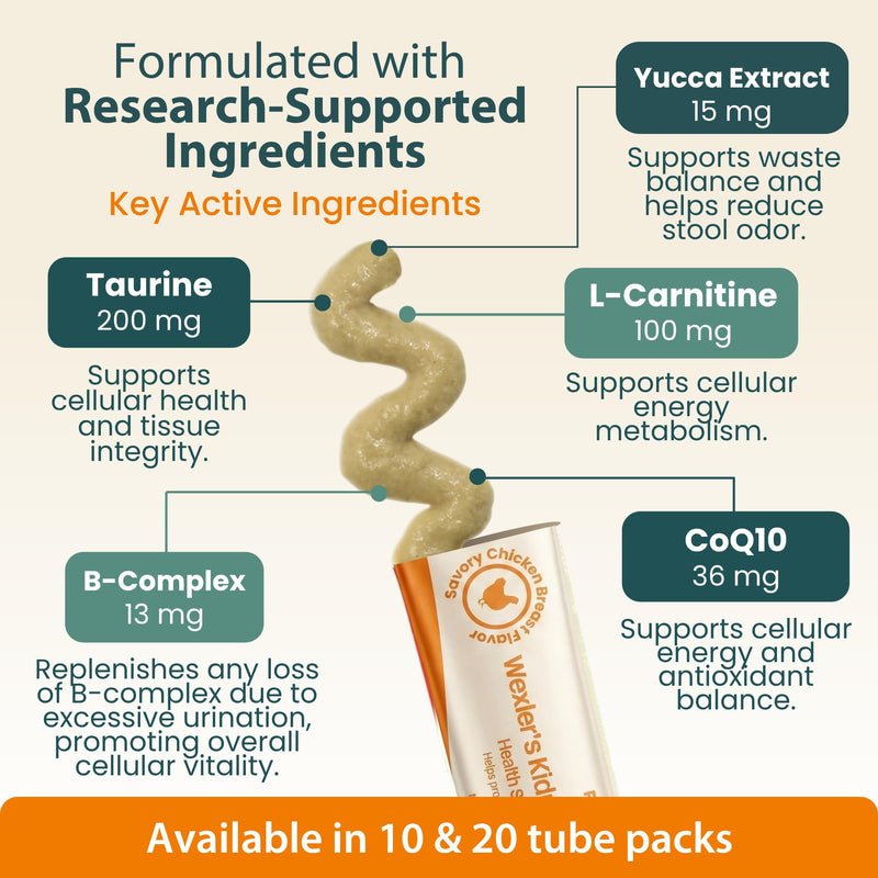 Wellness Kidney Support Purée for Cats - Renal Cat Health Supplement with Taurine, L-Carnitine, CoQ10, B-Complex, Yucca - Phosphorus-Conscious with Savory Chicken Breast Flavor - 10 Tubes 10 Pack