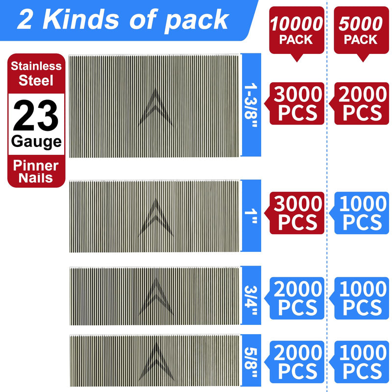 23 Gauge Stainless Steel Pinner Nails (5/8",3/4",1",1-3/8") assorted 4 sizes' Headless Pin Nails for Molding Cabinetry Building Assembly (5000) 5000