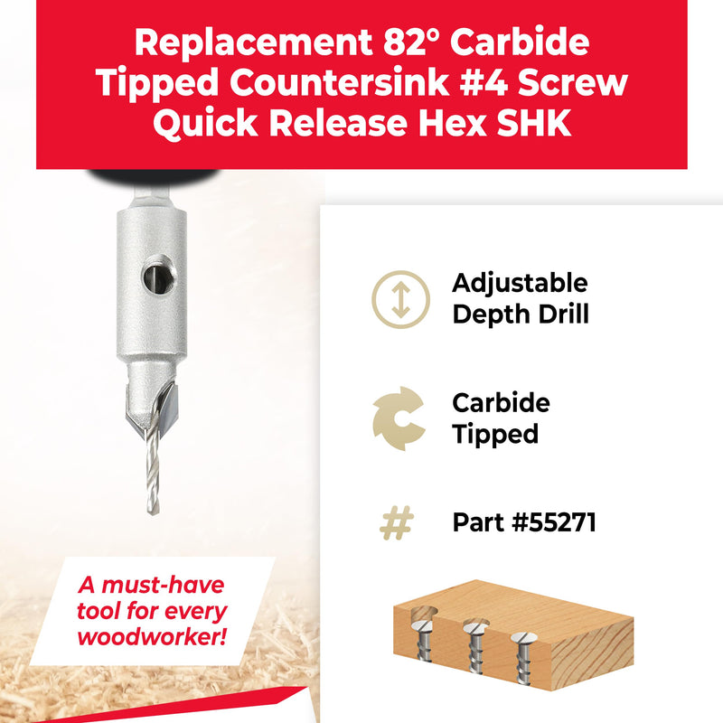 Amana Tool Carbide Tipped 82 Degree Countersink Drill Bit, 55271, 3/8 Dia x 3/32 Drill D x 1/4 Inch Quick Release Hex Shank for Tool 55225
