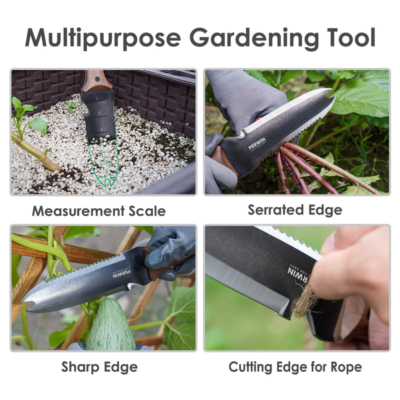 Hori Hori Garden Knife, Garden Tools with Sheath for Weeding,Planting,Digging, 7" Stainless Steel Blade with Cutting Edge, Full-Tang walnut Wood Handle with Hanging Hole