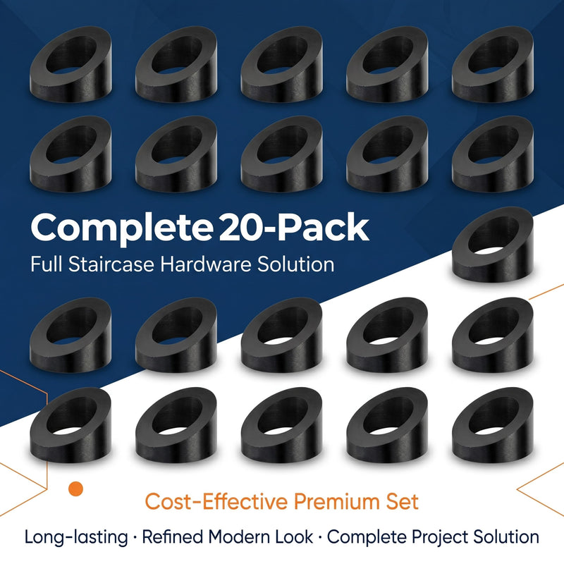 20-Pack 5/16" ID Black T316 Stainless Beveled Washers for Cable Railing | 30° angle, marine-grade T316 stainless steel, 5/16" ID, for 1/8" & 3/16" cable railing, fits wood/metal posts, 20-pack