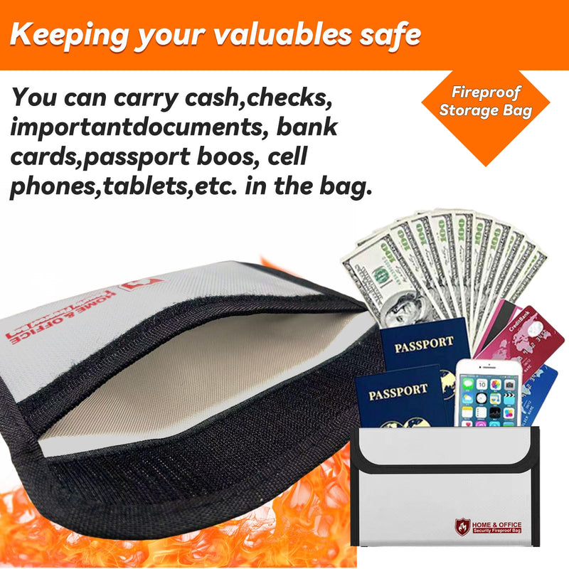 2-Pack Fireproof Document Bag and Fire Proof Money Bag for Cash 8.07x4.84’’,High Temperature Resistance up to 2000°F,Non-Itchy Silicone Coating,Fire and Water Protection for Cash,Passports,Documents