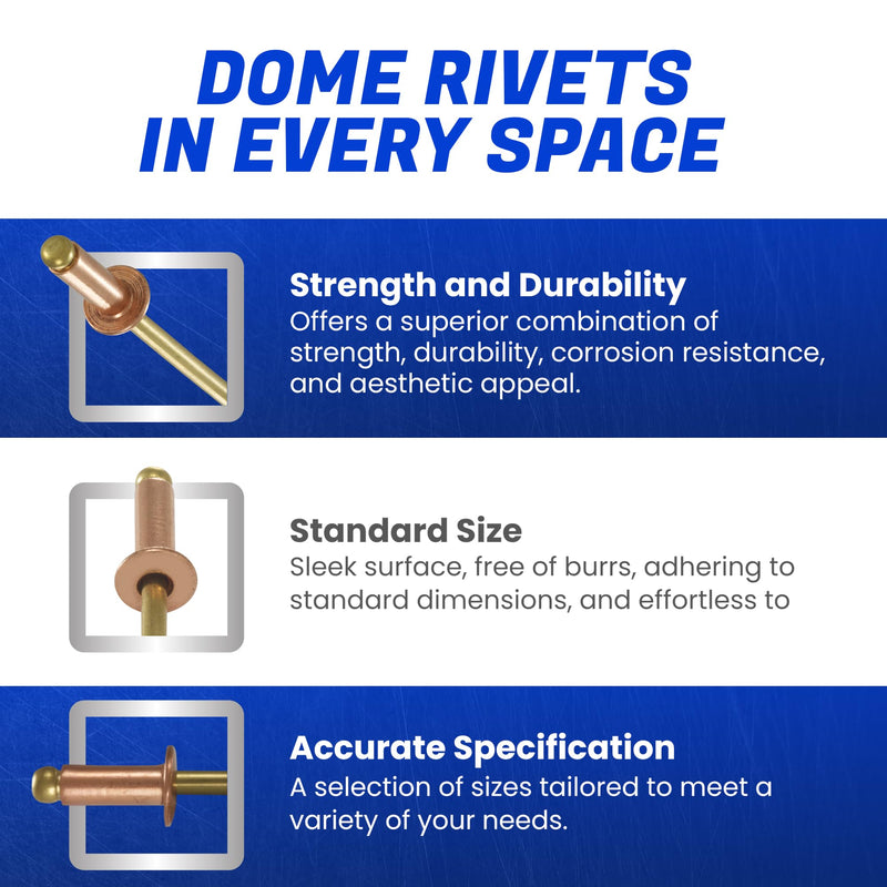 Fastenere Copper Pop Rivets - 1/8" x 3/16" (100 Pack) Copper Body Brass Mandrel, Heavy Duty, Open-End, Dome-Head Blind Rivets, Corrosion-Resistant & High Shear Strength, 4-3 Gap .126" - .187" 1/8" x 3/16" (100 Pack)