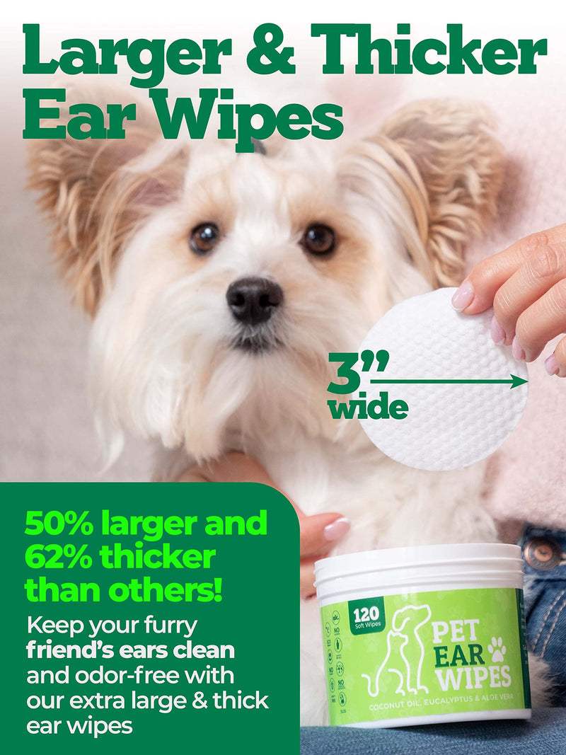 120ct Pet Ear Wipes for Dogs w/Itch Relief | Natural Coconut Oil, Eucalyptus & Aloe | Irritation Relief, Easy Otic Wax Cleaner Solution Pets