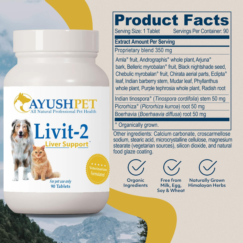 Ayush Herbs Livit-2 Pet Health Supplement, Liver and Gastrointestinal Support, Healthy Skin and Hair, Small or Large Animal, Young or Senior Pet, 90 Tablets - PawsPlanet Australia