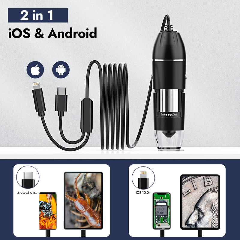 Digital Microscope, 50X-1600X Magnification Portable USB Microscope with Adjustable Stand, Mini Microscope Camera Compatible with iPhone, iPad, Android