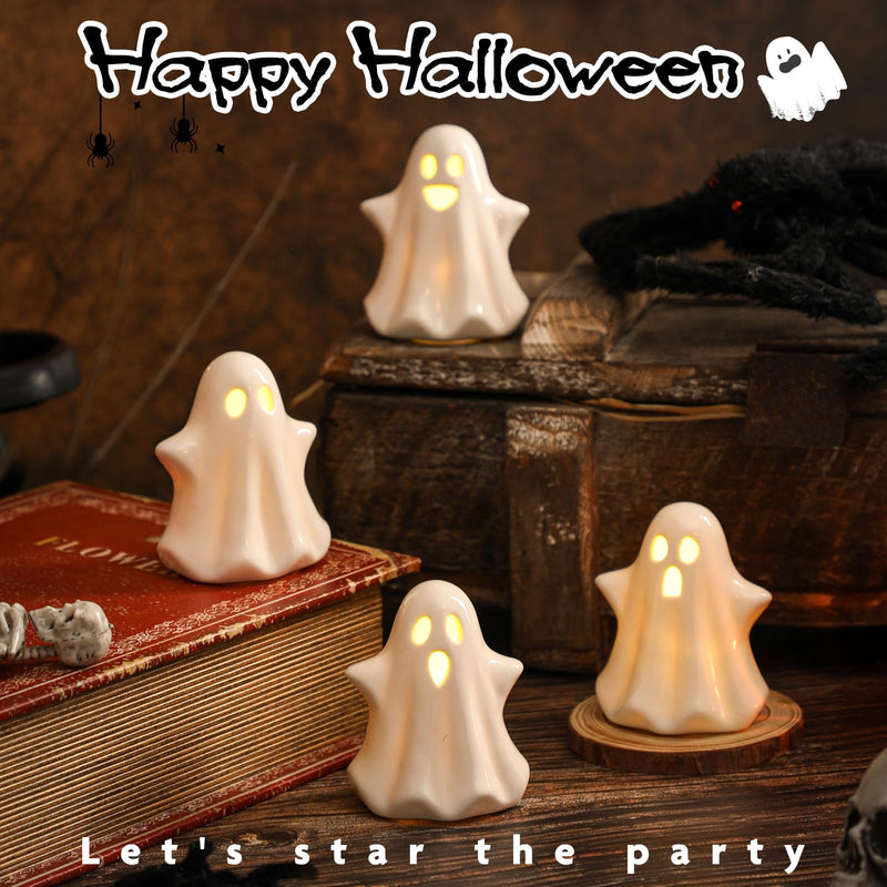 KORMMCO 4PCS Ceramic Ghost Light Up Decor, Cute Ghost Halloween Decor, Small White Ghost Figurine Led Ghost Figurines for Desk Tabletop Centerpieces，Halloween Decoration Indoor