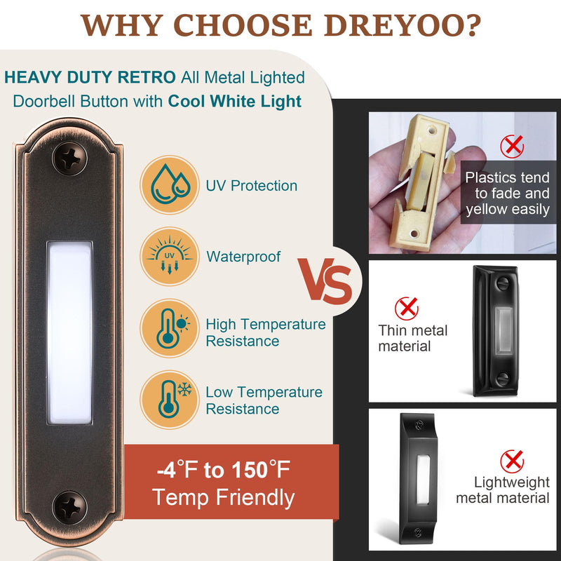 Metal Lighted Doorbell Button, Heavy Duty Metal Wired Door Bell Push Button LED Door Chime Wall Mounted Doorbell Switch Replacement for Home Universal Garage Door Opener Switch, White Light(Bronze) Bronze