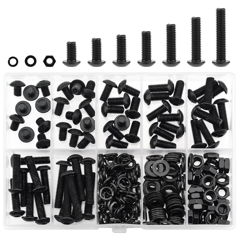240 Pieces M5 x 6mm /8mm /10mm /12mm /16mm /20mm /25mm, Button Head Socket Cap Screws Bolts Washers Nuts Kit, 10.9 Grade Alloy Steel, Full Threaded, Black