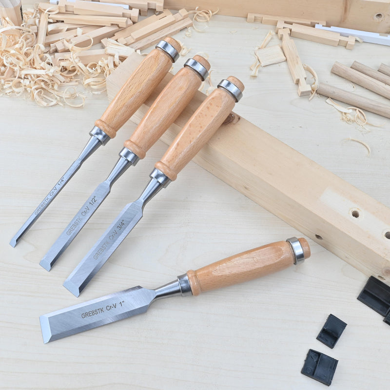 GREBSTK 9.5in Wood Chisel Set for Woodworking, 4pcs Chrome Vanadium Steel Bevel-Edge Bench Chisels with Cap, Comfortable Beech High Impact Handle 2#chisel