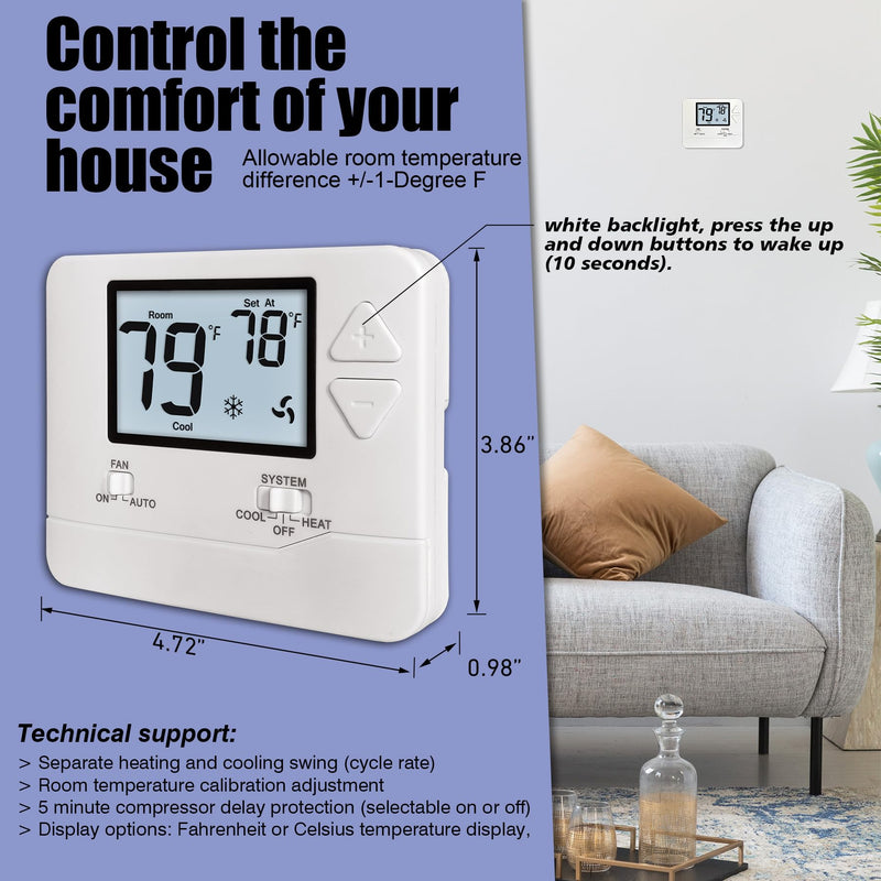 Non-Programmable Thermostats for Home Conventional Single-Stage Systems, up to 1 Heat/ 1 Cool (with White Backlight)