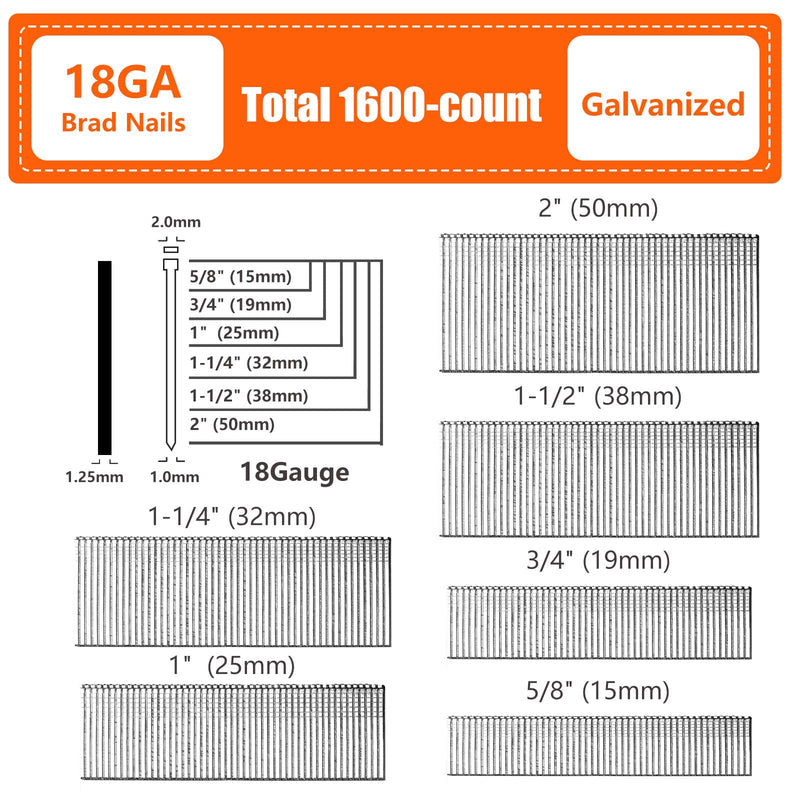 18 Gauge Galvanized Brad Nails Brown T-head 6 Sizes 1600-Pack (5/8"+3/4"+1"+1-1/4"+1-1/2"+2"), Assorted Size Project Pack, for Pneumatic, Electric 18GA Brad Nailer Gun assembly 1600