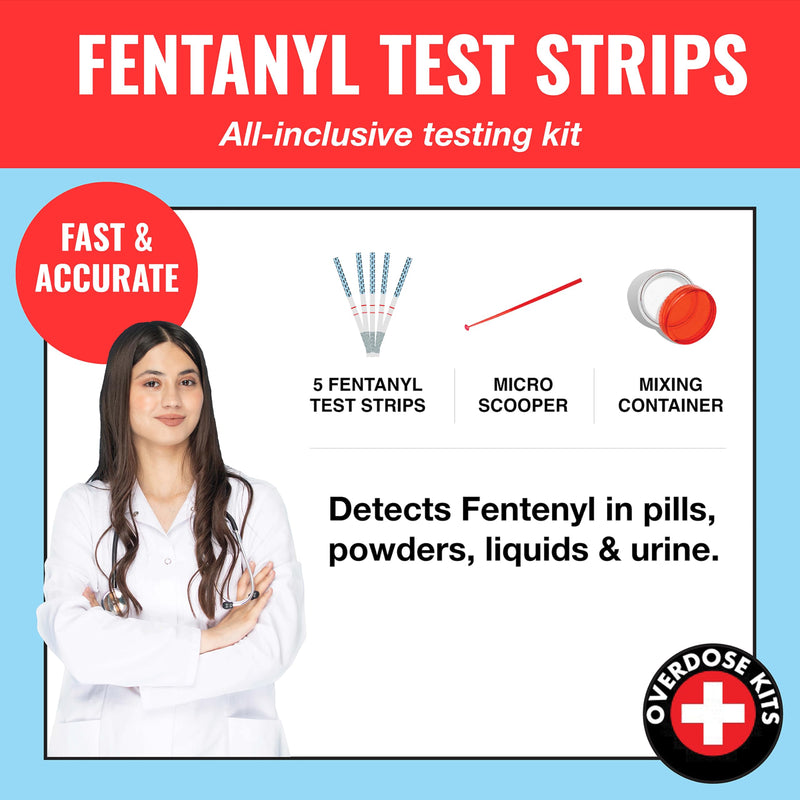 Fentanyl Test Strip Opioid Overdose Prevention Kit | Includes 5 Fentanyl Test Strips for Pills, Powders & Liquids + Naloxone Carry Case + Mixing Container + 10mg Spoon and Instructions (1) Single Black