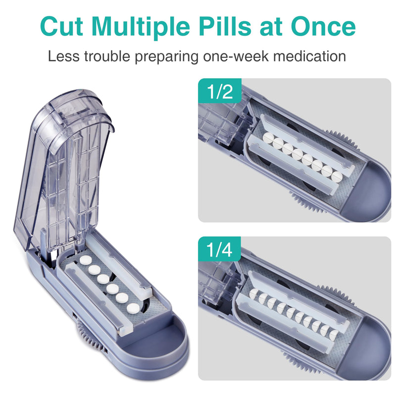 Fullicon Multiple Pill Cutter - Adjustable for Small Pills With Accurate Alignment, Stainless Steel Cutting Blade & Guard, Splitter With Free Brush & Box (Grey) Grey