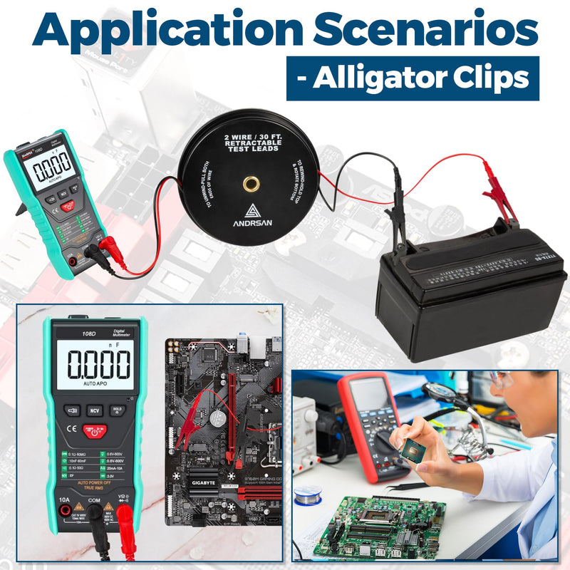 2 Wire 30 ft Retractable Test Leads with 4 mm Banana Plugs, 18 AWG Multimeter Test Leads with 4 Alligator Clips, 2 Test Probes and 2 Wire Piercing Probes, Test Lead Kit for Testing Electrical Circuits