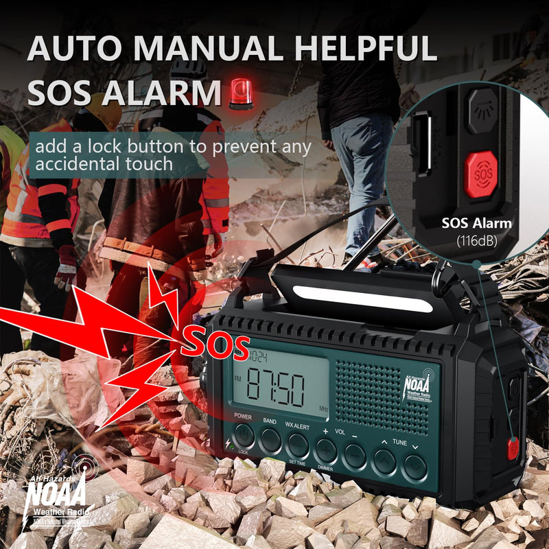 NOAA Emergency Weather Radio with Auto Alerts, 5000mAh Solar Hand Crank AM/FM/SW Shortwave Radio with Flashlight, Reading Lamp, Phone Charger, SOS Alarm, Survival Gear, Time Clock & Large LCD Display Blue LCD 5000mAh