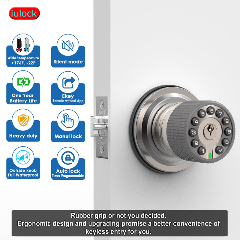 Smart Door Knob with Keypad and Key,Keyless Entry Door Lock with Rubber Grip, Auto Lock,50 User Code,Waterproof, Easy to Install and Program for Bedroom Garage Office Gate (Satin Nickel) Stain Nickel
