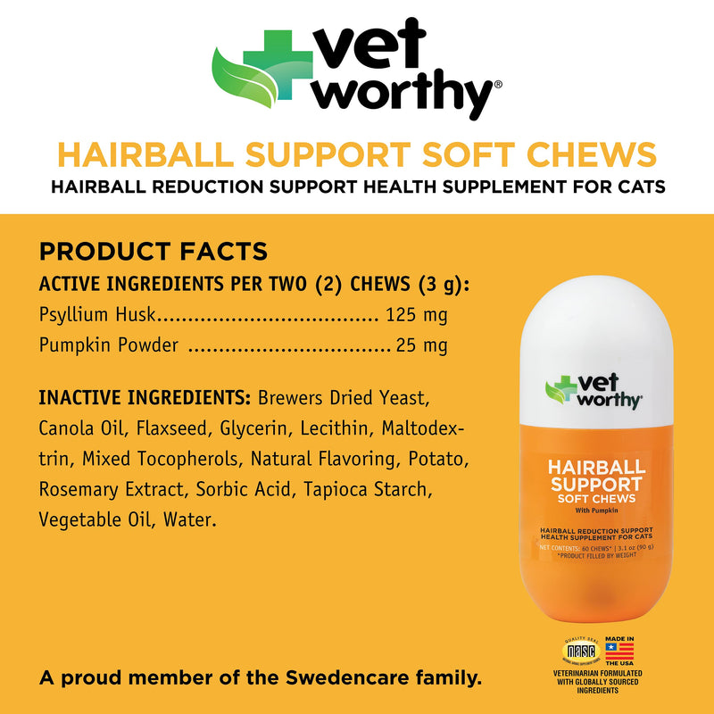 Vet Worthy Cat Hairball Remedy - Preventative Hairball Support for Cats with Pumpkin and Psyllium Husk for Added Fiber - Aids in Daily Cat Digestive Support & Furball Control - 60ct