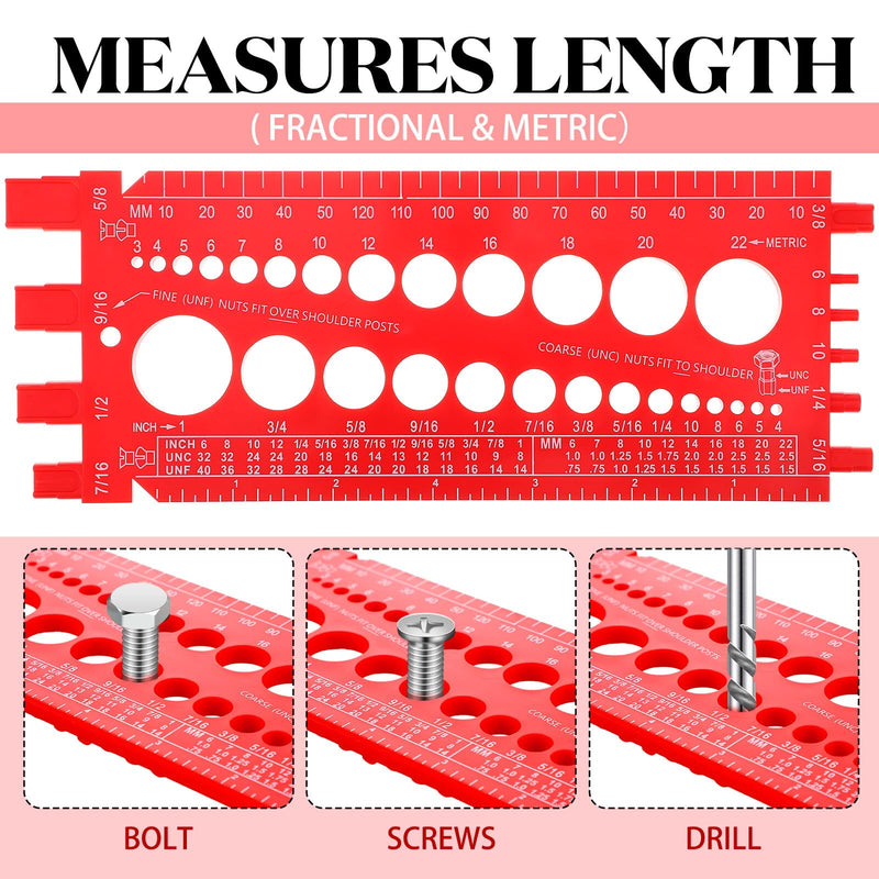 Hoteam 2 Pieces Nut Bolt Thread Gauge Checker Plastic Bolt Size and Thread Gauge Bolt Nut Thread Measure Gauge Bolt and Nut Identifier Gauge Bolt Gauge with Inch and Centimeter Ruler(Red) Red
