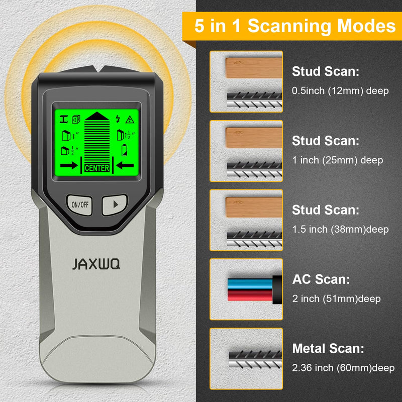 Stud Finder Wall Scanner - 5 in 1 Stud Finder Tool w/Smart Chip and HD LCD Display, Stud Detector Beam Finders for the Center and Edge of Wood AC Wire Metal Studs Joist Pipe (‎Silver Plate) ‎silver Plate