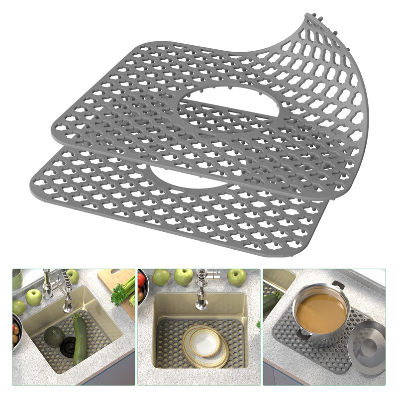 TOOVEM Kitchen Sink Mats, 2PCS Non-Slip Heat Resistant Silicone Sink Protector Mat, Folding Farmhouse Rear Drain Sink Mats, Center Drain, Grey Gray 2Pack-13.58"x11.6"-Center Drain