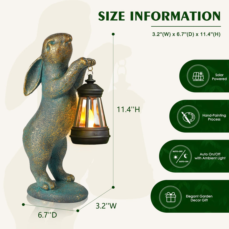 MININOVA Garden Statues Rabbit with Solar Lantern Outdoor Bunny Figurines Decorations for Patio Yard Lawn Ornaments Gifts for Birthday Easter Housewarming Bronze
