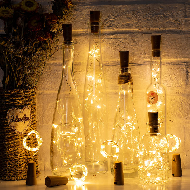 Brightown Wine Bottle Lights with Cork, 10 Pack 20 LED Waterproof Battery Operated Cork Lights, Silver Wire Mini Fairy Lights for Liquor Bottles DIY Party Bar Christmas Wedding Décor Warm White 10 PC