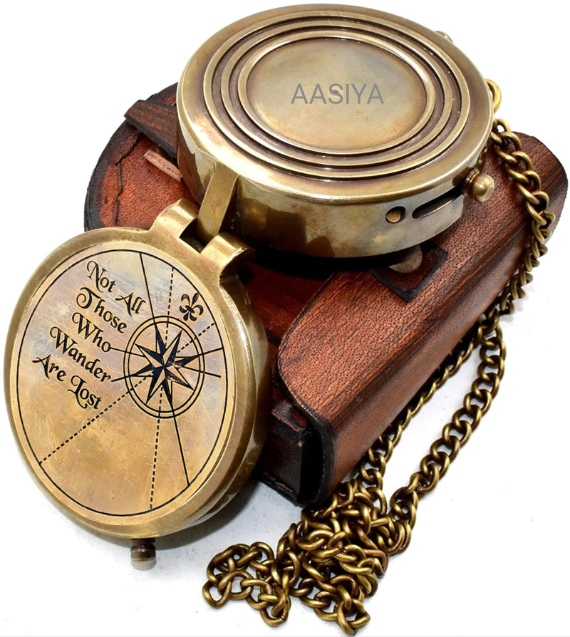 AASIYA Not All Those Who Wander are Lost Brass Gift Engraved Compass with Leather case, Graduation Day Baptism Communion Confirmation Day Motivational LOTR J.R.R. Tolkien
