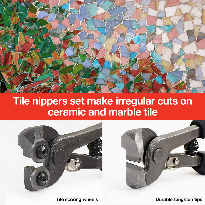 Goldblatt 2 Piece Glass Tile Nippers Set - Heavy Duty Wheeled Glass Mosaic Nipper & Hd Ceramic Tile Nipper, Tile Cutter Pliers Soft-grip Handle - Shapping Plier, Nipper Cutting Tools, Stone, Metal