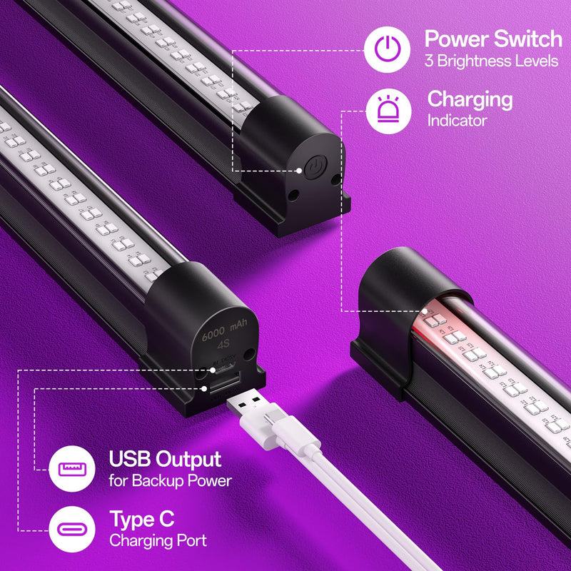 Battery Powered Black Light, Rechargeable Blacklight, Cordless 395nm Light Glow Party, Halloween, Body Painting, 2 Packs