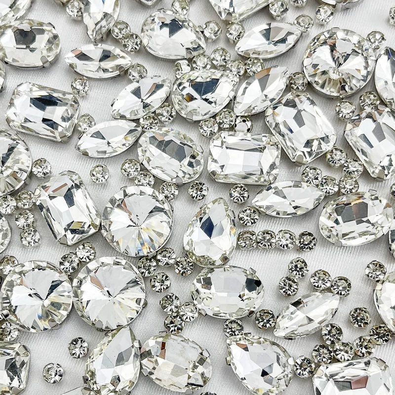 160PCS Glass Sew on Rhinestones, Flactback Sew On Claw Crystals for Crafts Costume Clothes Jewelry (Crystal Clear/White, Mixed Shapes) Crystal Clear