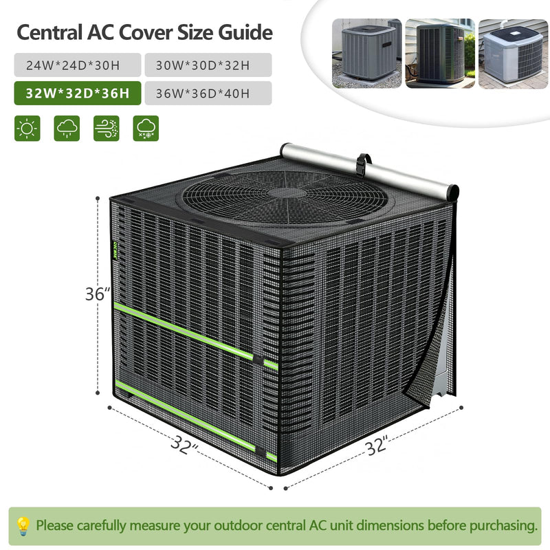 2 in 1 Full Mesh Air Conditioner Cover with Roll-Up Waterproof Top-Heavy Duty 420D Oxford, Breathable Outdoor AC Unit Defender for All Season, Anti-UV, Windproof, Easy Install, 32"W x 32"D x 36"H Black 32"L x 32"W x 36"H