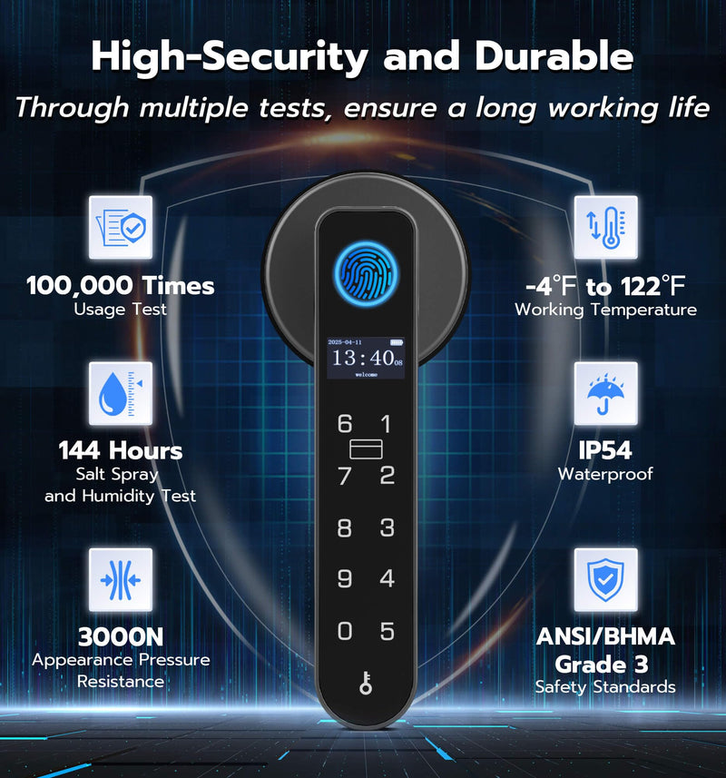 Anweller H1 Fingerprint Door Handle Lock, Smart Keyless Entry Door Knob Lock, Door Lever Locks for Bedroom, Bluetooth App Control Doorknob, Display Screen, RFID Card, Code Keypad - Black