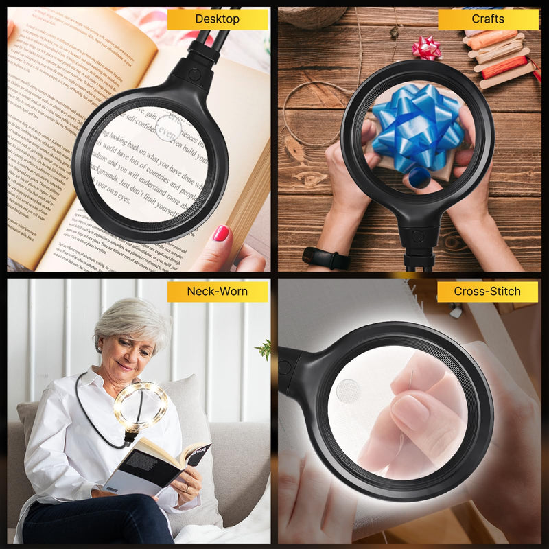 15X Hands Free Magnifying Glass with Light, 6 Light Modes, 1200mAh Rechargeable Neck LED Magnifier for Seniors & Low Vision, Needlepoint, Cross Stitch, Crafts, Reading, Sewing