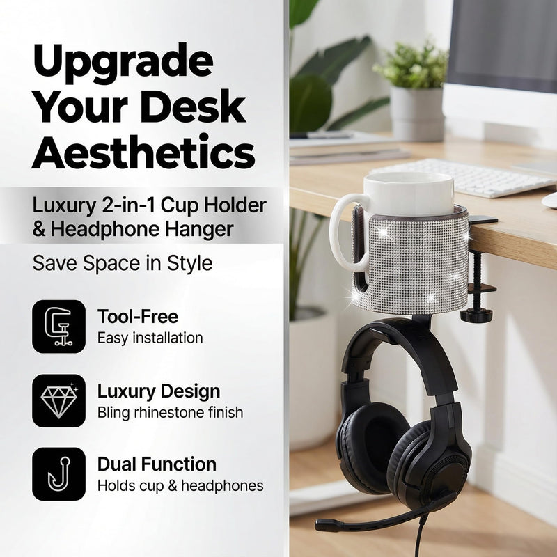 Luxury 2-in-1 Desk Cup Holder with Headphone Hanger for Office, Home, Gaming(Bling Bling) BLING BLING