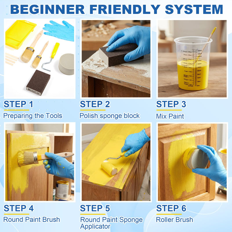 LemonRoad 20 Pieces Paint Brush and Roller Set, Cabinet Furniture Painting Supplies, Sponge, Tray Liner, Nitrile Gloves, Polish Sponge Block, Mixing Sticks and Cups, Tools to Finish All in One Paint