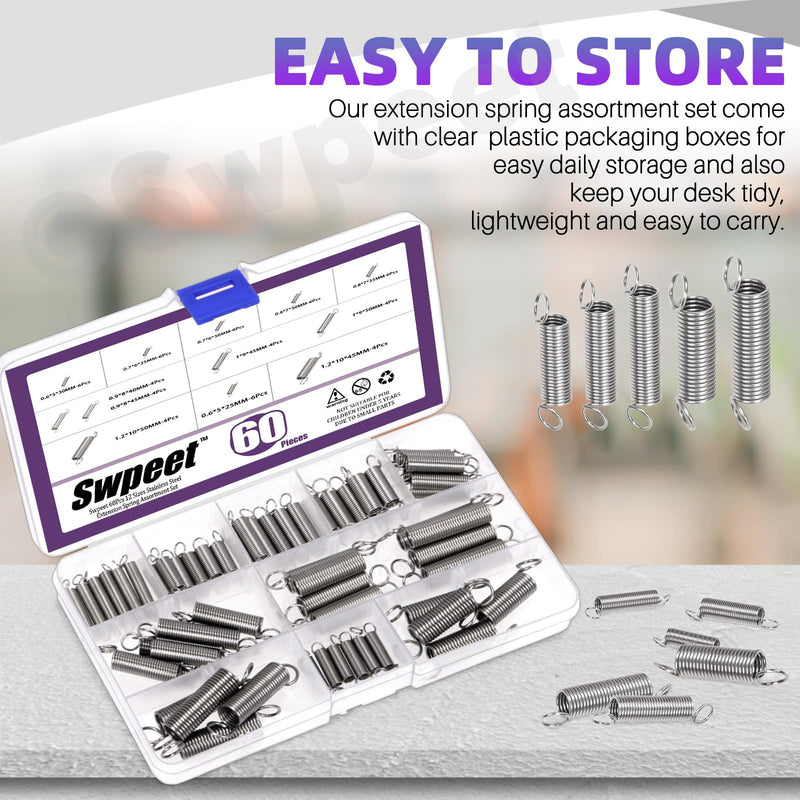 Swpeet 60Pcs 13 Different Sizes Stainless Steel Extension Spring with a Dual Hook Assortment Kit, Mechanical Extension Springs Small Spring for Home Repairs 60