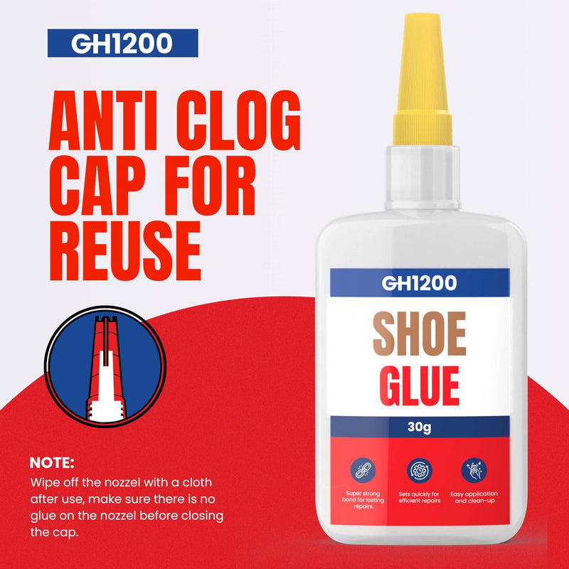 GH1200 30g x 2 PCs Shoe Glue Heavy Duty, Clear Drying & Strong Shoe Repair Glue, Non Stiff Repairs, Glue for Shoes Fixes Sneakers, High Heels, Crocs & More, Shoe Sole Glue Can Bear Extreme Conditions 30g x 2PCs Shoe Glue