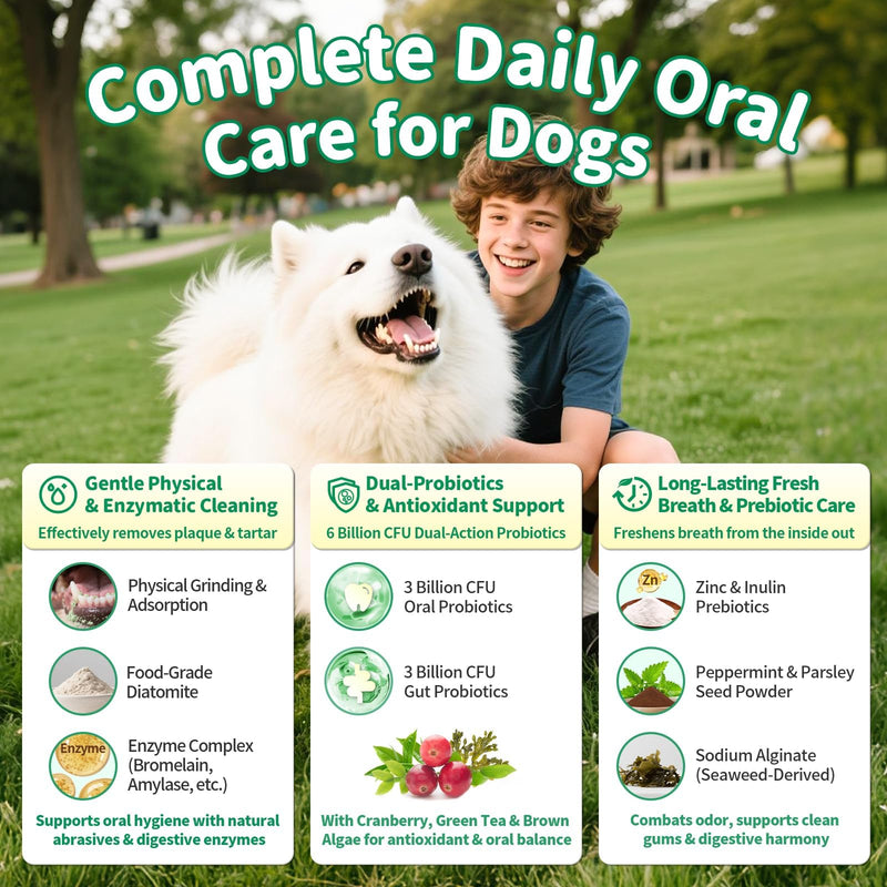 Dog Dental Powder, Dog Teeth Cleaning Powder with 6B CFU Probiotics, Enzymes & Antioxidants, Fresh Breath Support, Plaque & Tartar Off, No Brushing Oral Care - 75 Servings, Mint Chicken Flavor