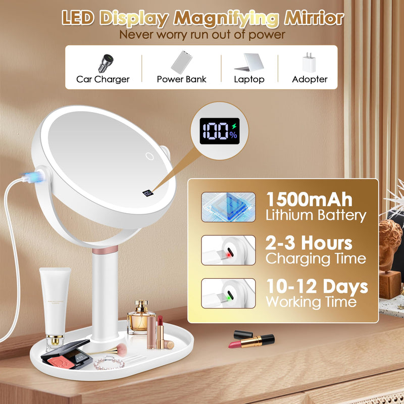 MIYADIVA Makeup Mirror with Lights, 30X/1X Magnifying Mirror with Digital Display, Height Adjustable Desk Mirror, Detachable for Travel, Vanity Mirror with Phone Holders and Tweezers, Gifts for Women White