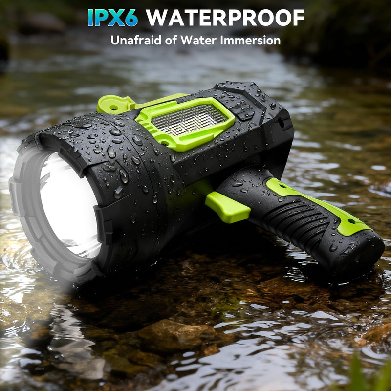 Rechargeable Spotlight，99,000 Lumens Super Bright LED SpotLights Flashlight, 10000ɱAh Spot Lights Long Runtime Waterproof ，Spot Light Outdoor Handheld with Cob Light & Foldable Tripod for Camping Green