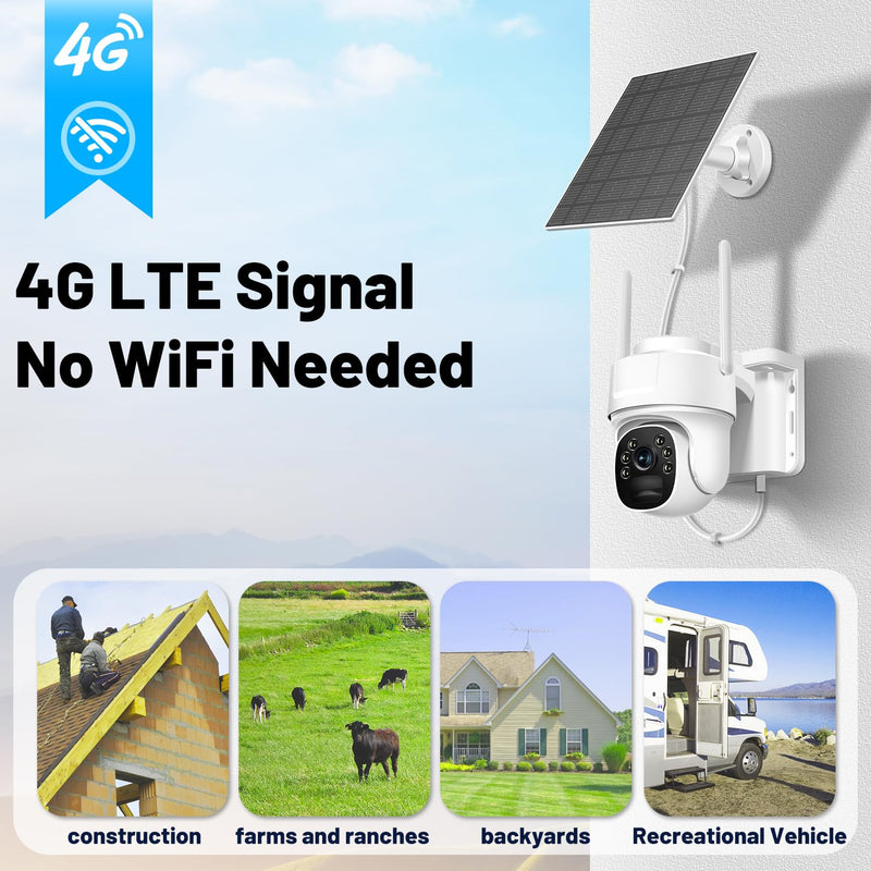 4G LTE Cellular Security Camera Wireless No WiFi Needed Solar-Powered Wireless Outdoor Security Camera with PIR Motion Sensor, 2K HD Night Vision, Remote Access, 2-Way Audio, Pan and Tilt